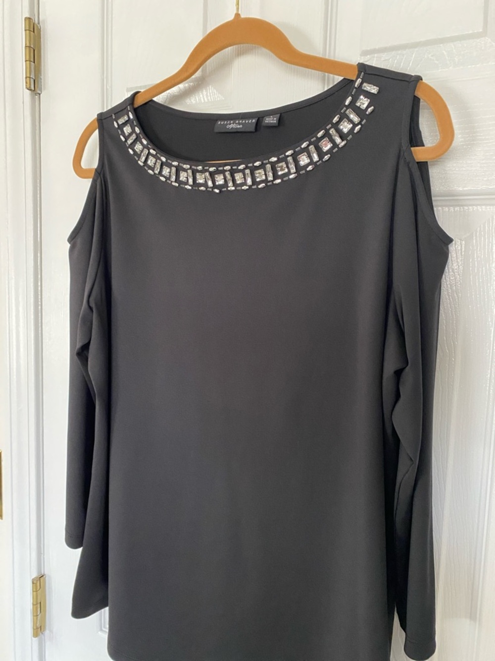 Susan Graver Black Embellished Cold-Shoulder top